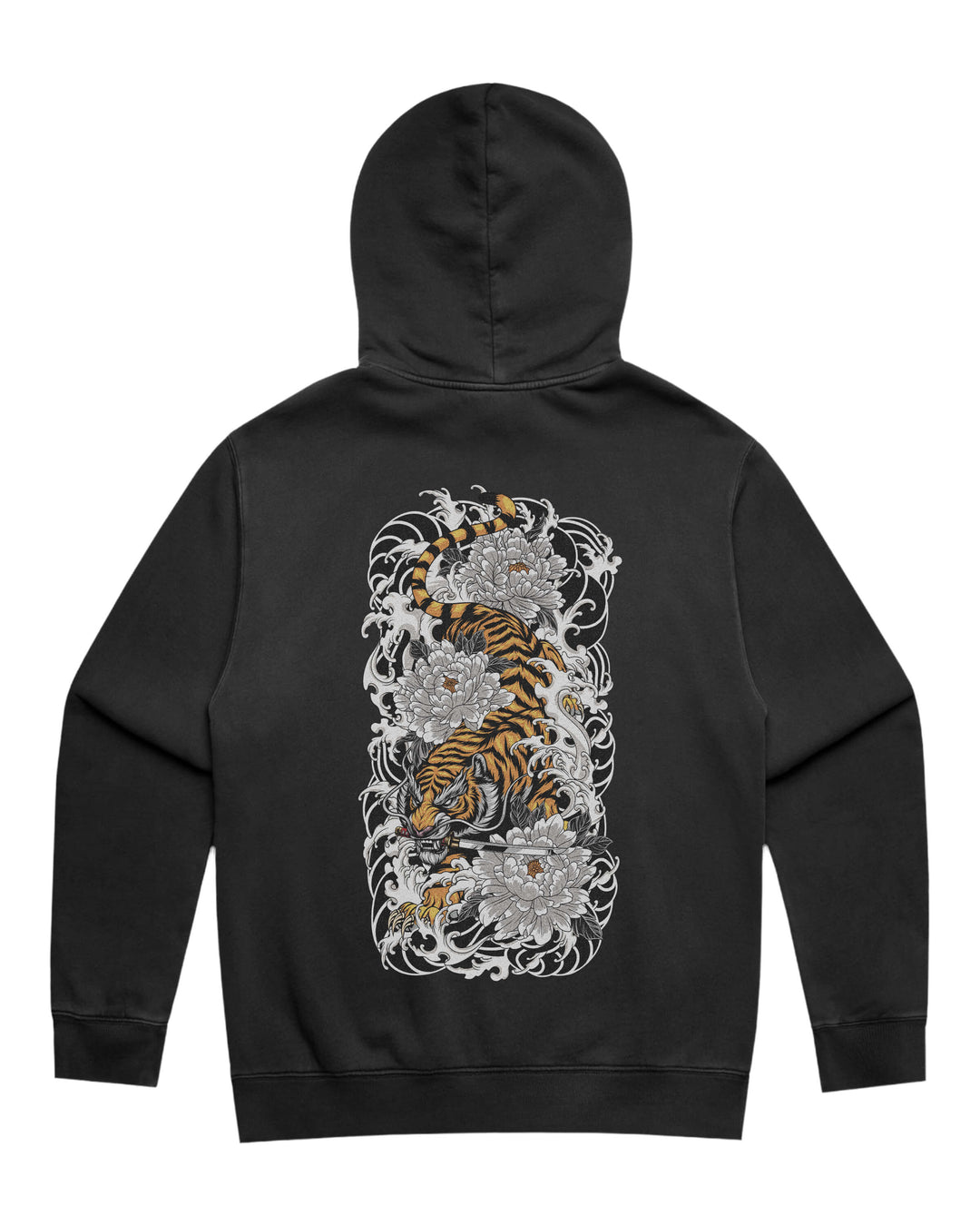 Faded black hoodie with in-house created large Japanese Tiger back print