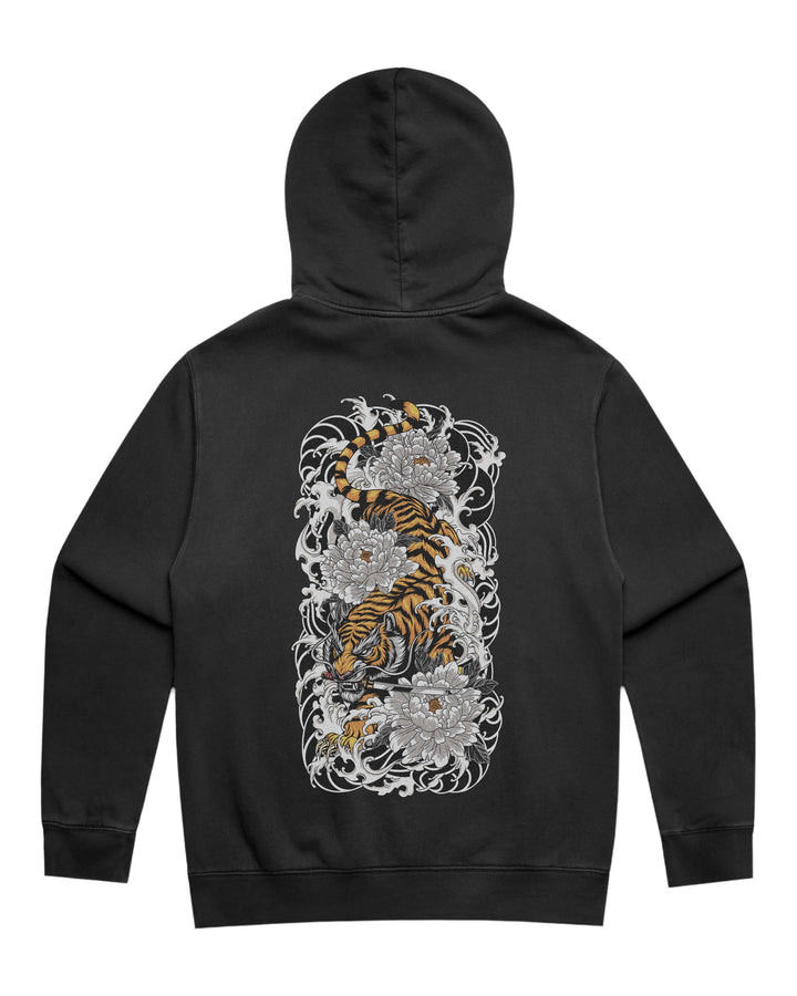 Faded black hoodie with in-house created large Japanese Tiger back print
