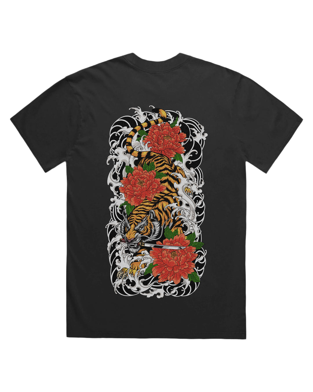 Faded Black T-Shirt with irezumi descending tiger back print artwork