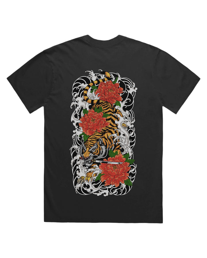 Faded Black T-Shirt with irezumi descending tiger back print artwork