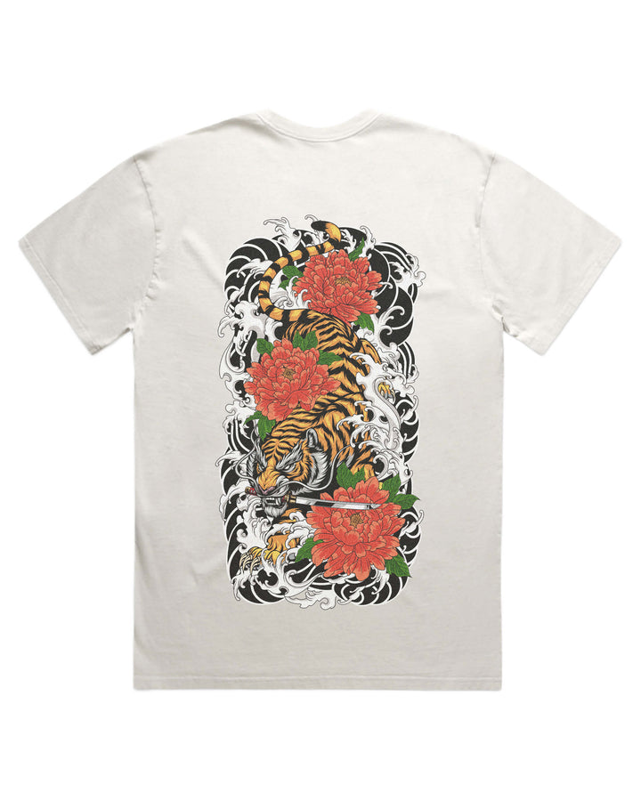 Faded Bone T-Shirt with irezumi descending tiger back print artwork
