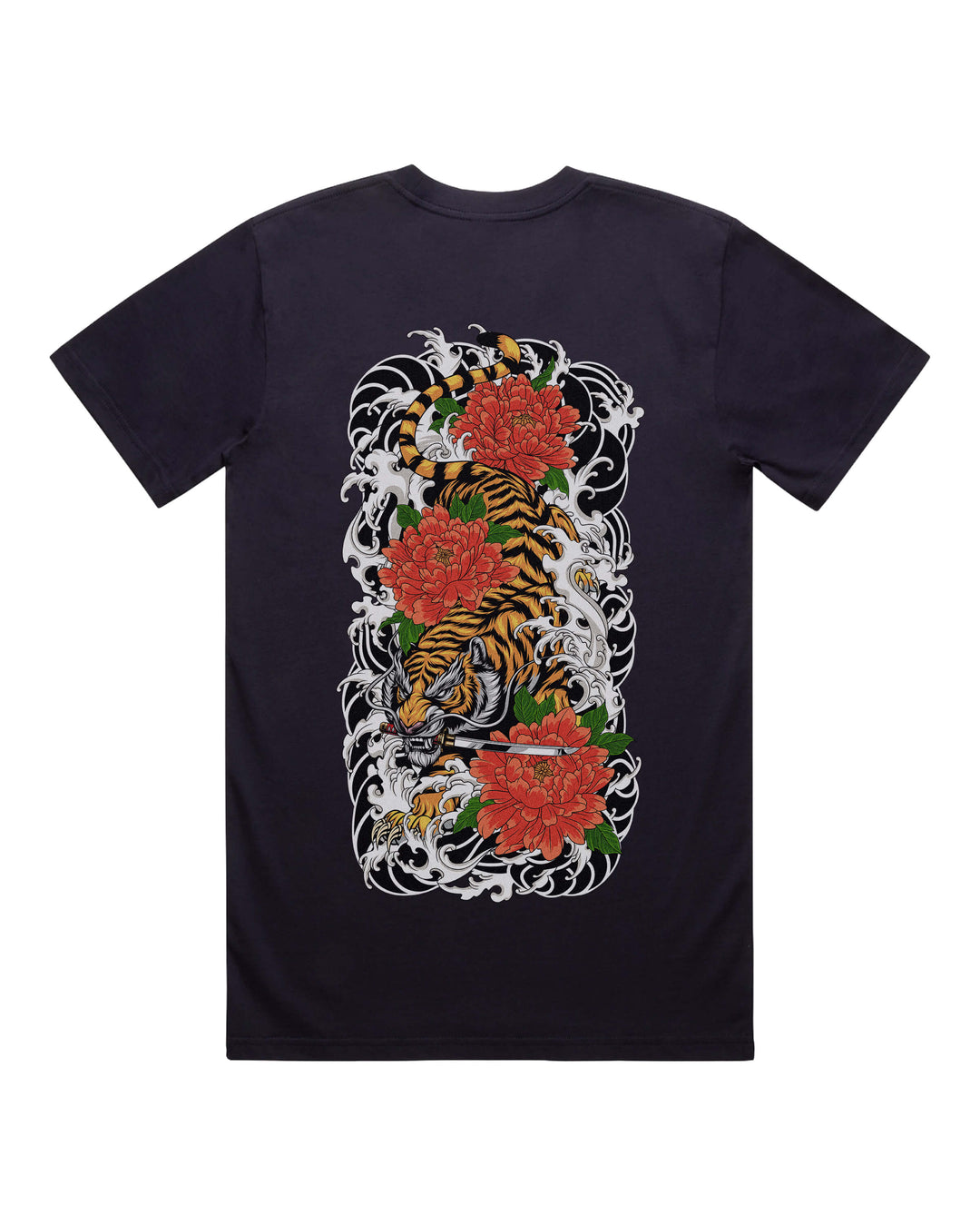 Ink blue graphic t-shirt with large descending Japanese tiger back print
