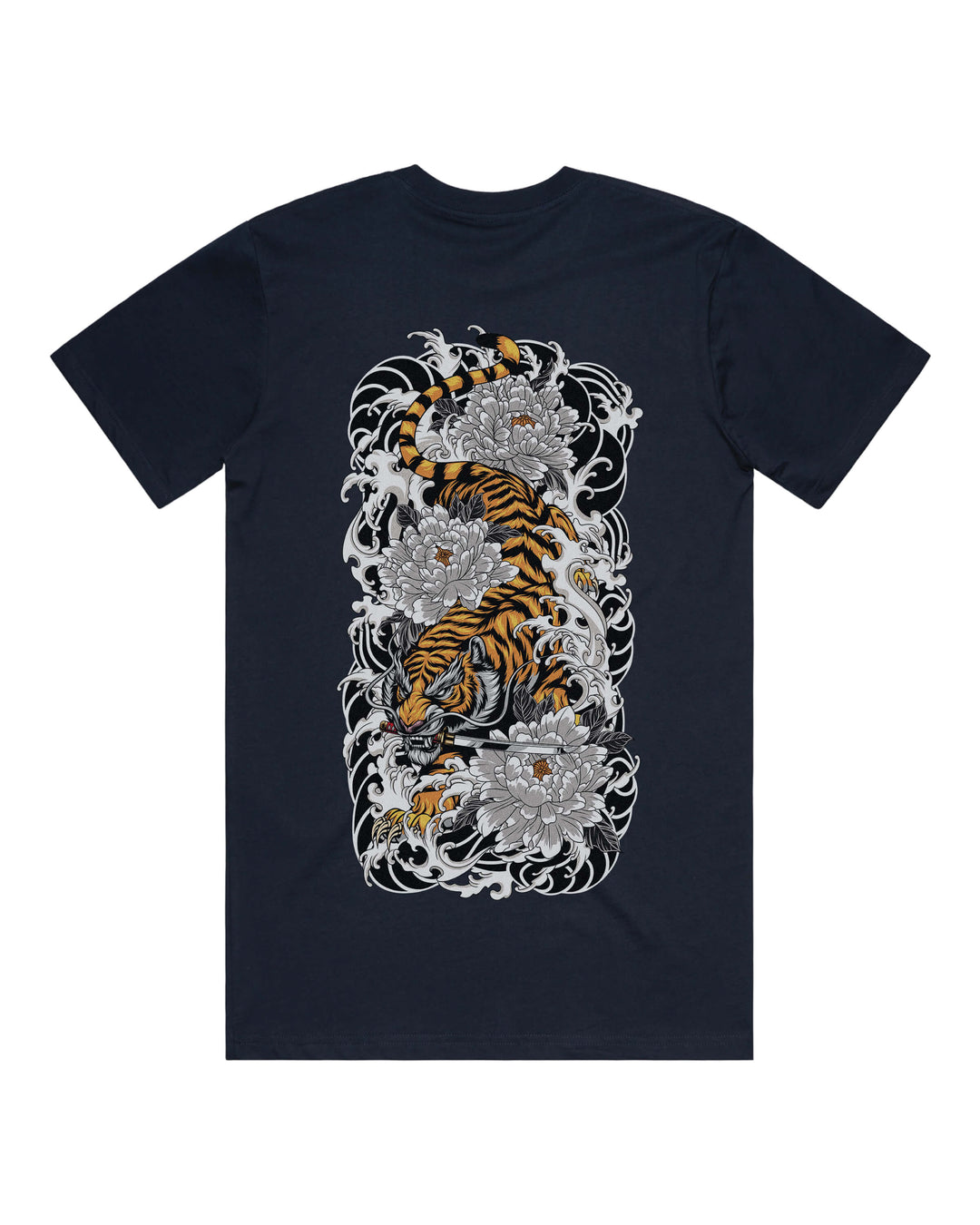 Navy graphic t-shirt with large descending Japanese tiger back print