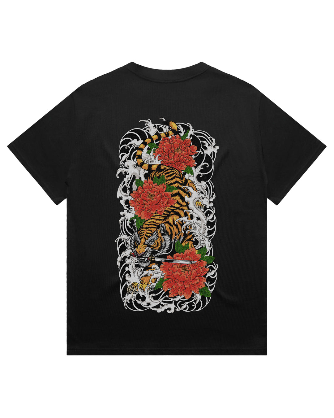 Oversized black t-shirt with irezumi inspired descending Japanese tiger graphic print