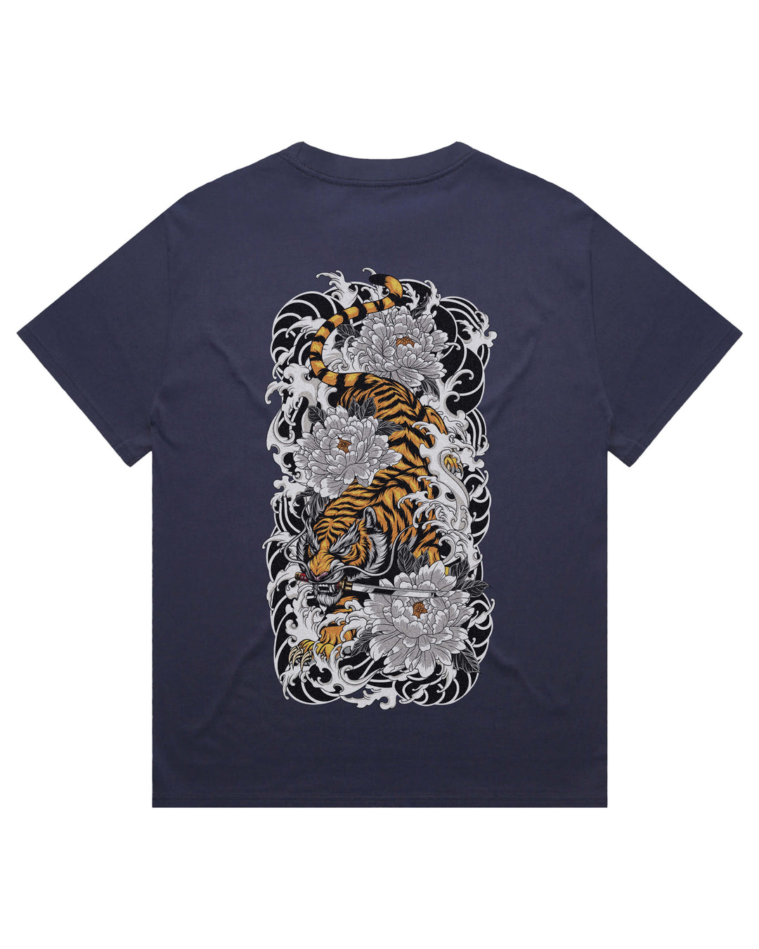 Oversized blue t-shirt with irezumi inspired descending Japanese tiger graphic print