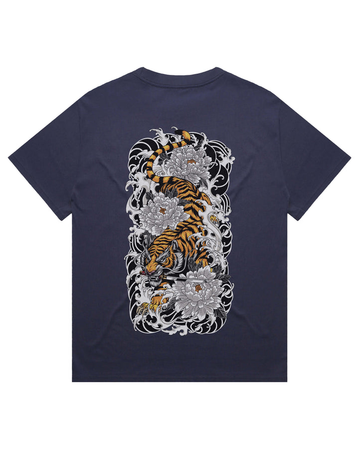 Oversized blue t-shirt with irezumi inspired descending Japanese tiger graphic print