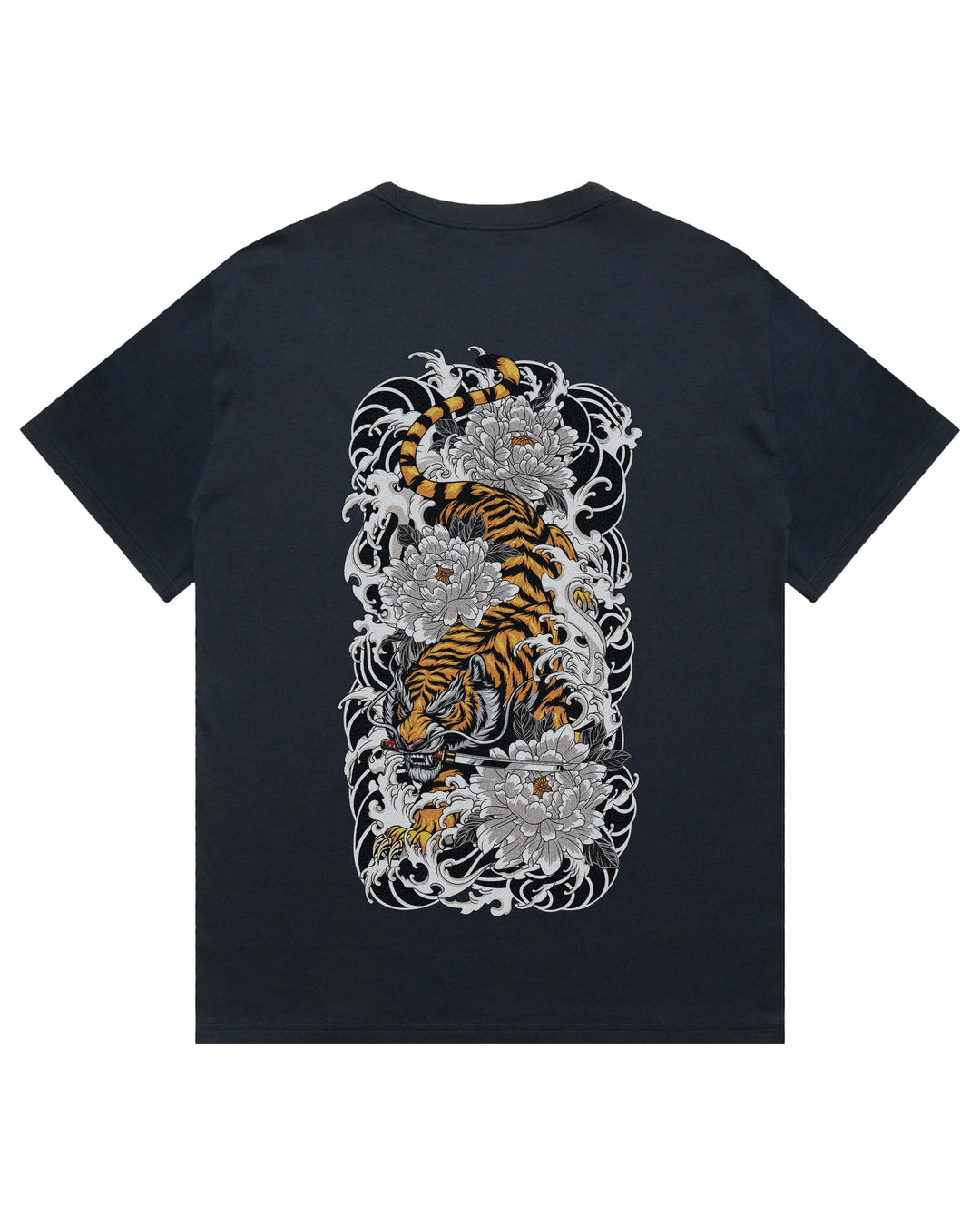 Oversized navy t-shirt with irezumi inspired descending Japanese tiger graphic print
