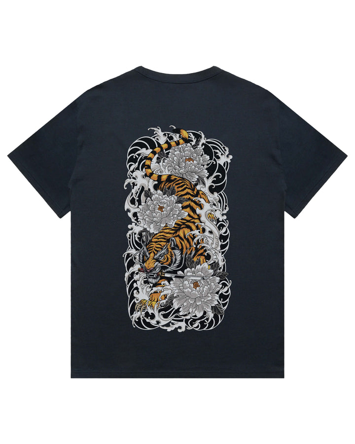 Oversized navy t-shirt with irezumi inspired descending Japanese tiger graphic print