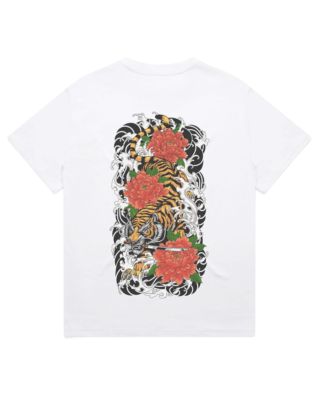 Oversized white t-shirt with irezumi inspired descending Japanese tiger graphic print