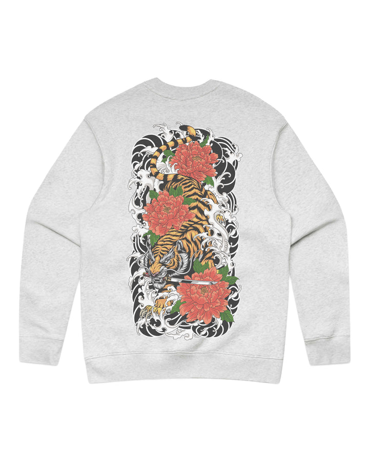 White heather graphic sweatshirt featuring original in-house tiger artwork inspired by irezumi, Japanese tattoo composition and traditional illustration.