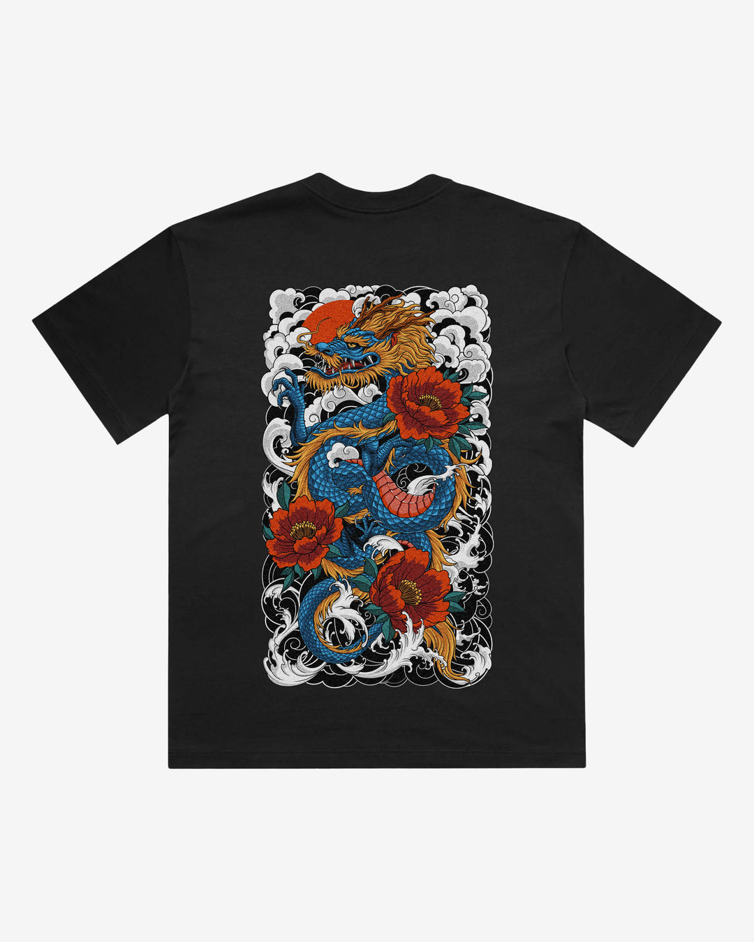 Japanese Dragon Japanese tattoo-inspired graphic back print on a black 240 GSM heavyweight boxy T-shirt