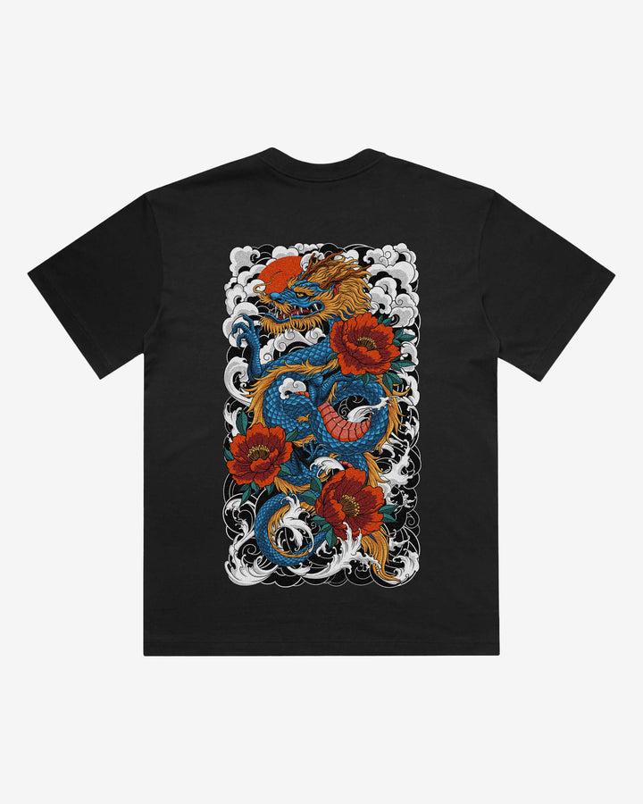 Japanese Dragon Japanese tattoo-inspired graphic back print on a black 240 GSM heavyweight boxy T-shirt
