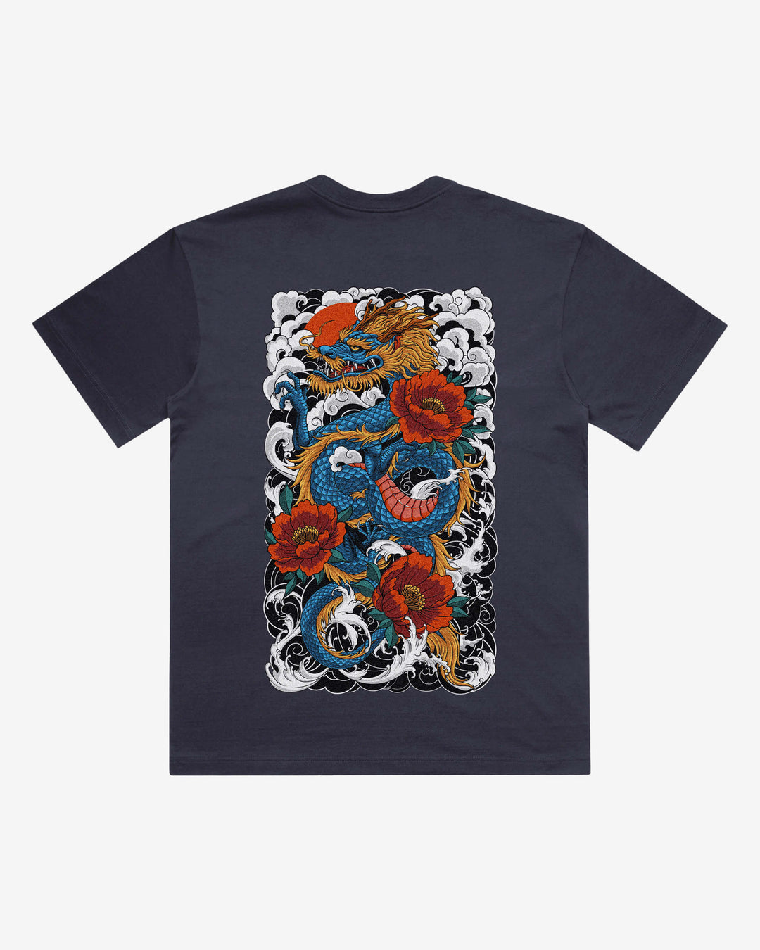 Japanese Dragon Japanese tattoo-inspired graphic back print on a ink blue 240 GSM heavyweight boxy T-shirt