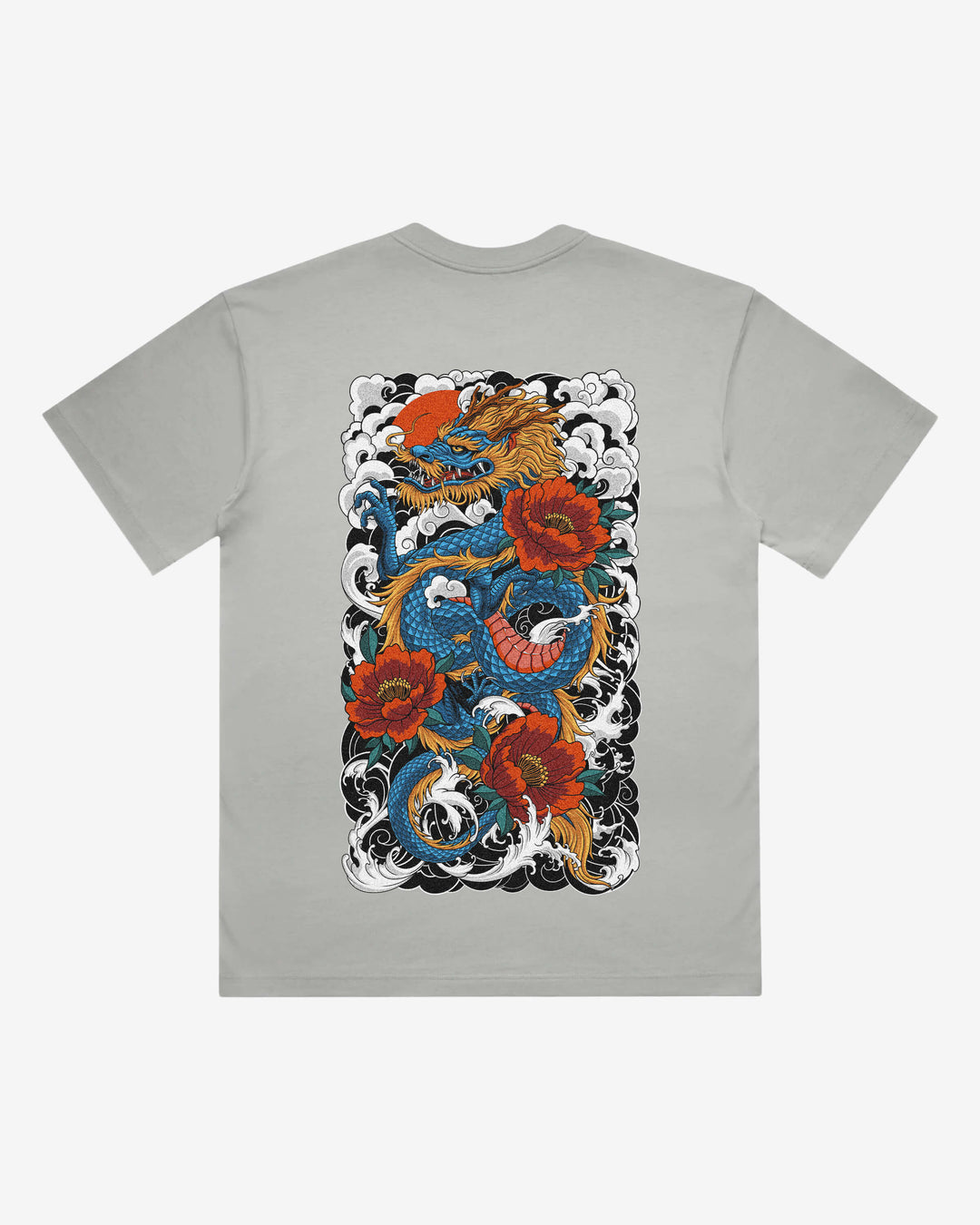 Japanese Dragon Japanese tattoo-inspired graphic back print on a storm 240 GSM heavyweight boxy T-shirt