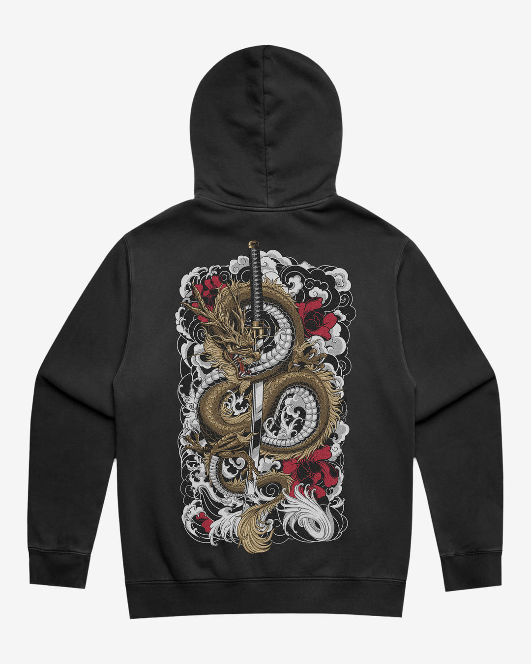 A black pullover hoodie shown from the back, featuring a large graphic print of a gold and white dragon wrapped around a vertical sword, with red and white cloud-like details, on a light gray background.