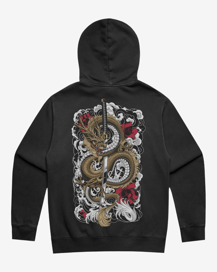 A black pullover hoodie shown from the back, featuring a large graphic print of a gold and white dragon wrapped around a vertical sword, with red and white cloud-like details, on a light gray background.