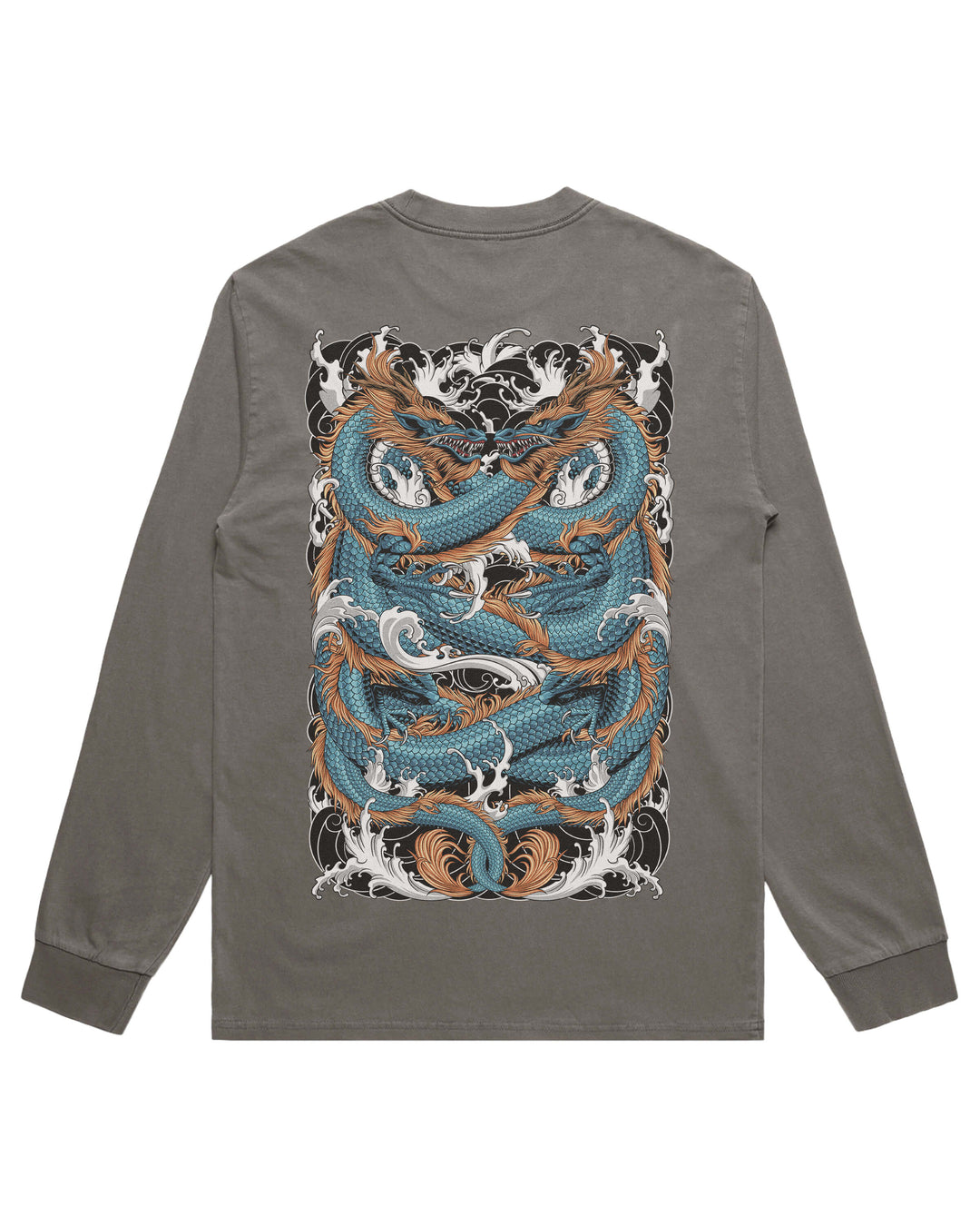 A long-sleeve crewneck t-shirt in a washed gray color, featuring a large graphic print of a Japanese-style dragons wrapped in blue and orange waves on the back.