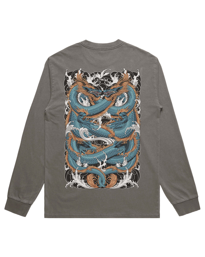 A long-sleeve crewneck t-shirt in a washed gray color, featuring a large graphic print of a Japanese-style dragons wrapped in blue and orange waves on the back.