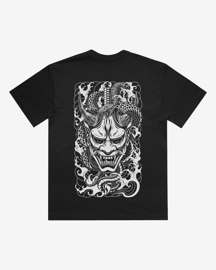 Japanese Oni Japanese tattoo-inspired graphic back print on a black 240 GSM heavyweight boxy T-shirt
