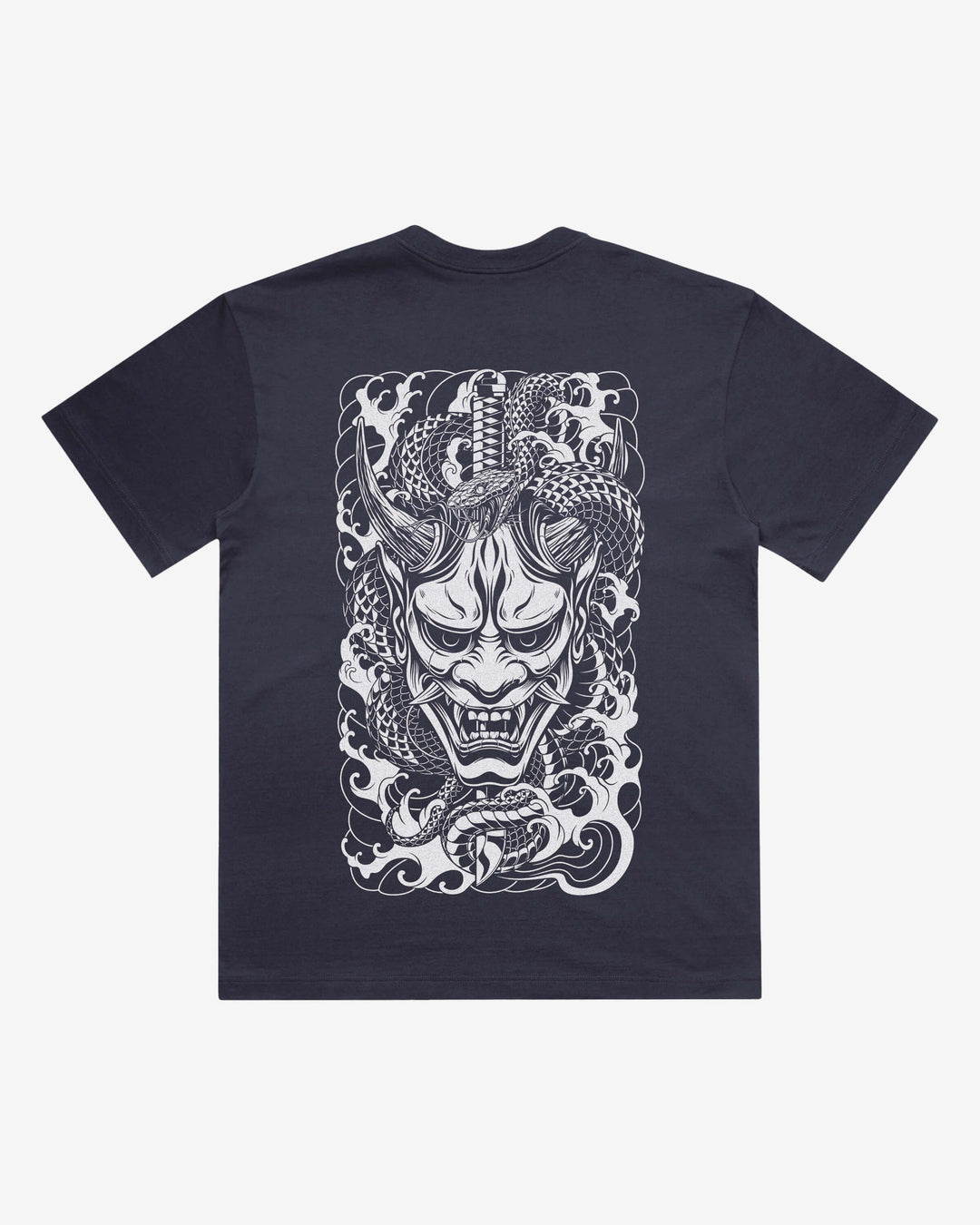 Japanese Oni Japanese tattoo-inspired graphic back print on a ink blue 240 GSM heavyweight boxy T-shirt