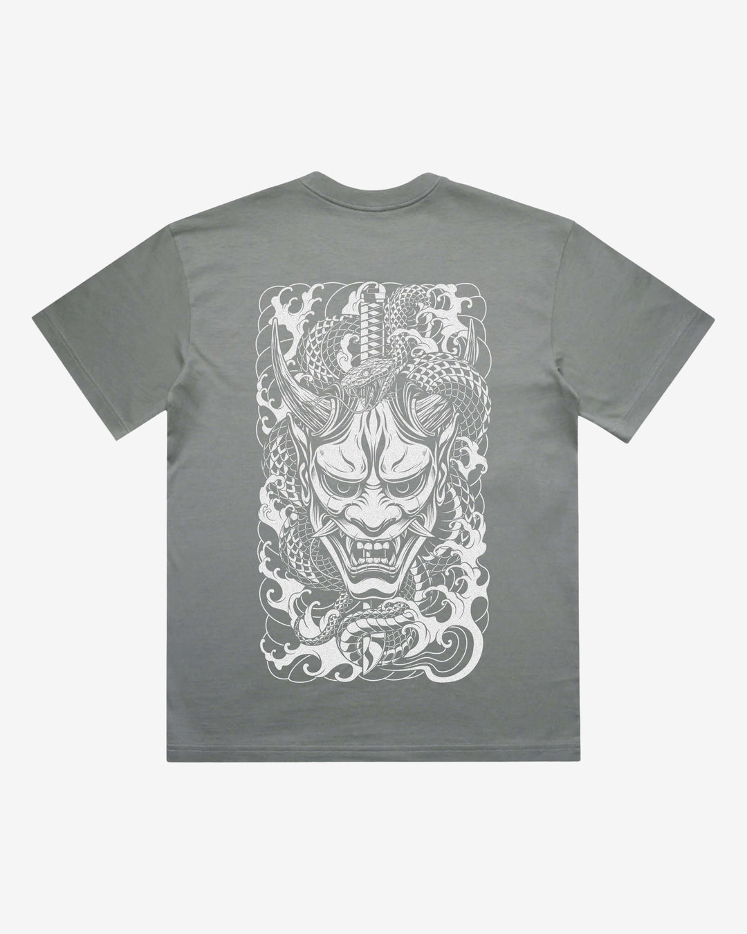 Japanese Oni Japanese tattoo-inspired graphic back print on a shadow 240 GSM heavyweight boxy T-shirt