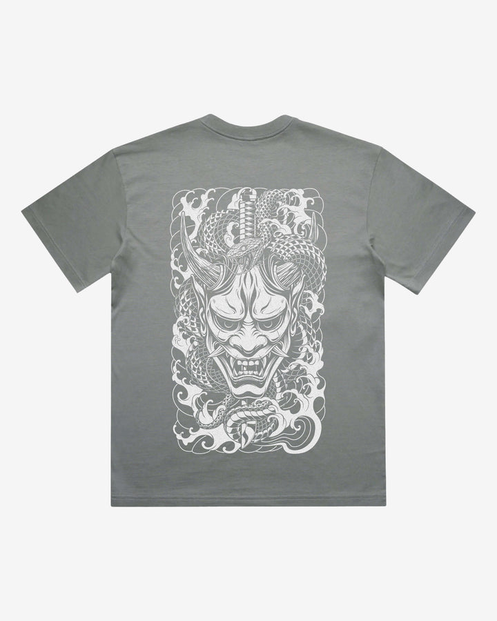 Japanese Oni Japanese tattoo-inspired graphic back print on a shadow 240 GSM heavyweight boxy T-shirt