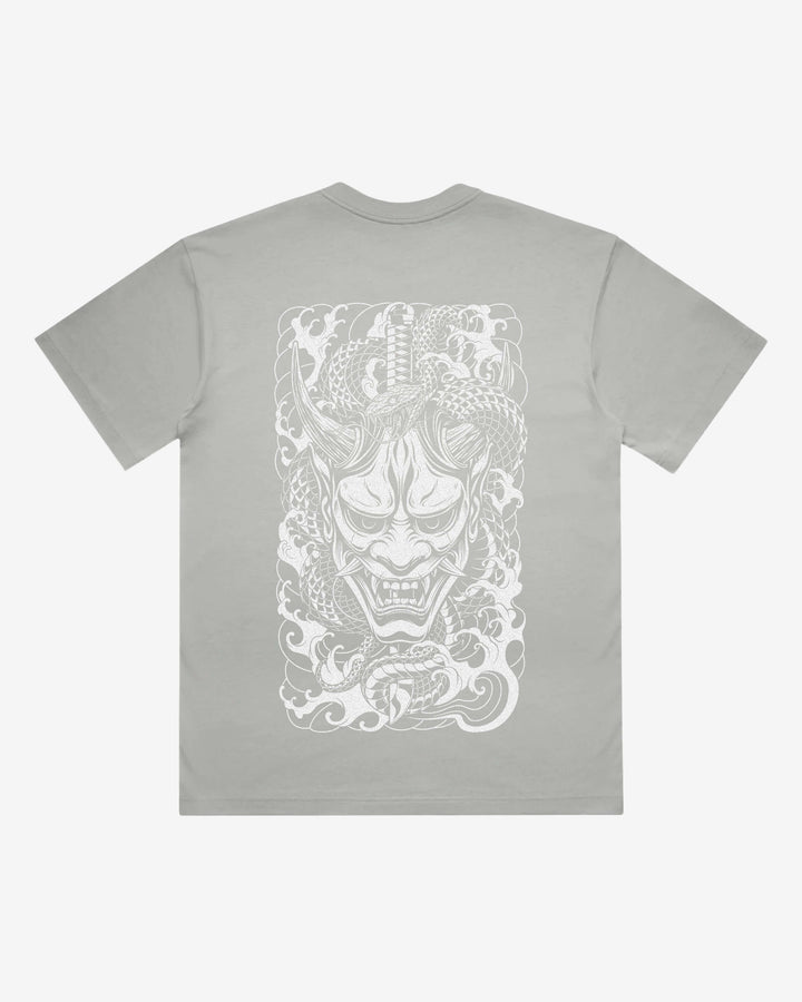 Japanese Oni Japanese tattoo-inspired graphic back print on a storm 240 GSM heavyweight boxy T-shirt