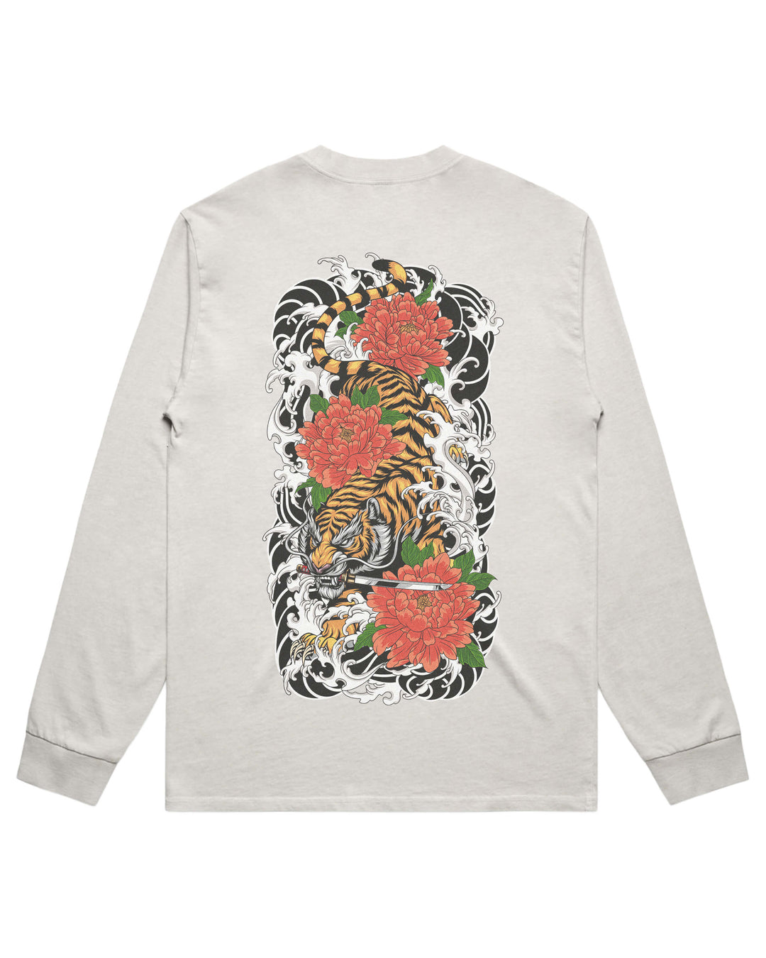 A light bone long-sleeve t-shirt shown from the back, featuring a large, detailed Japanese tattoo-style graphic of a tiger, red flowers, and waves.