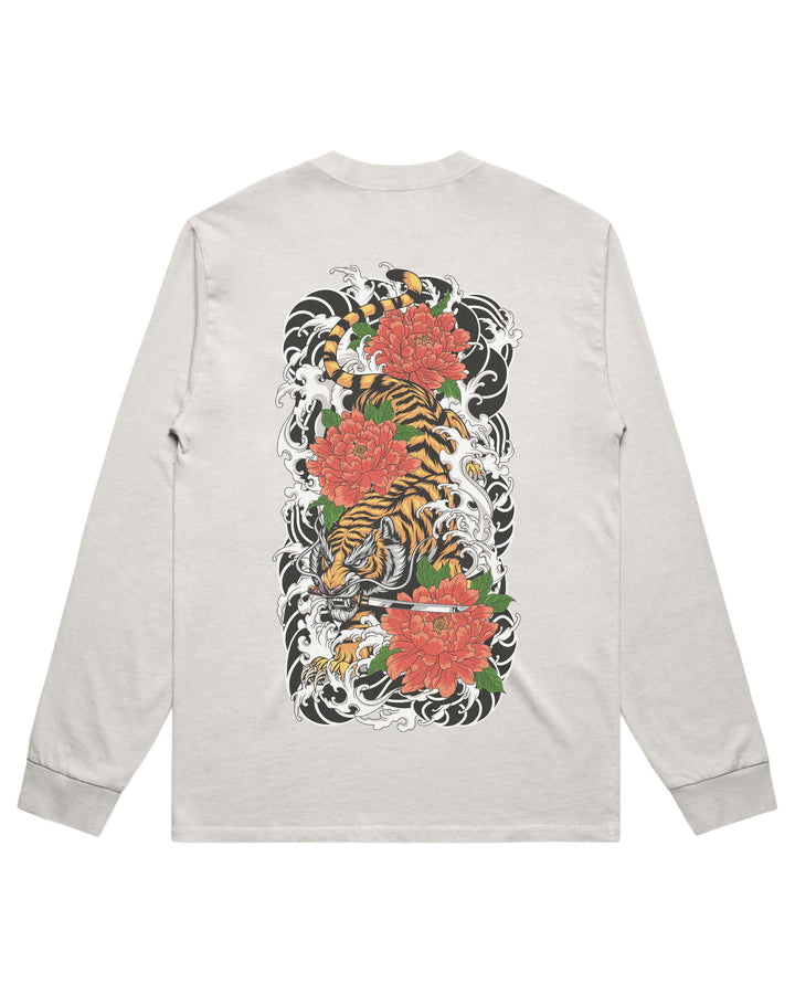 A light bone long-sleeve t-shirt shown from the back, featuring a large, detailed Japanese tattoo-style graphic of a tiger, red flowers, and waves.