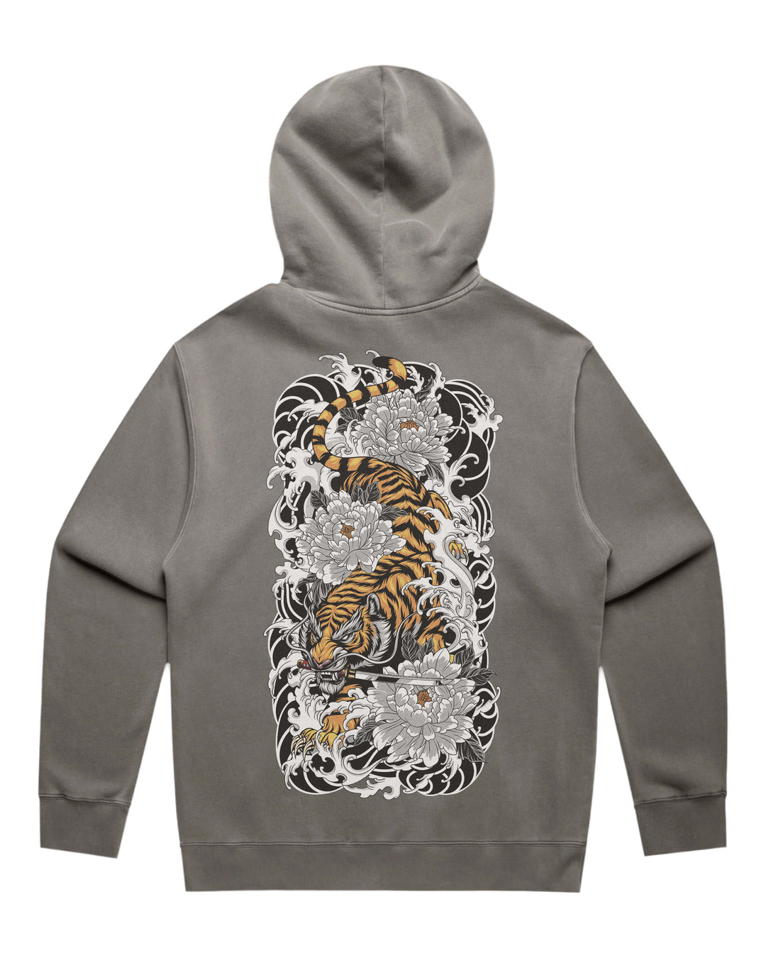 A gray pullover hoodie shown from the back, featuring a large graphic print of a tiger surrounded by white and black floral and wave designs.