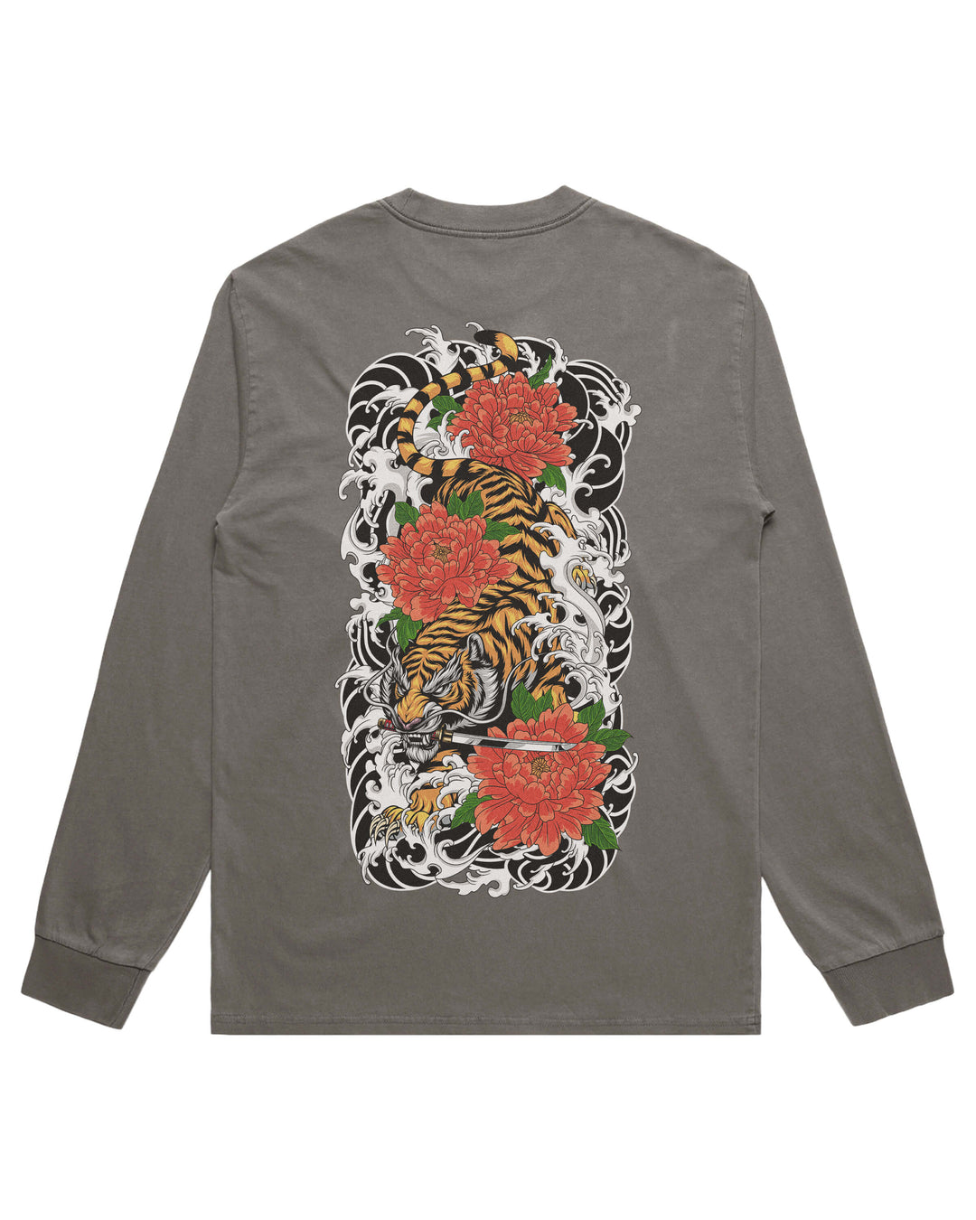 A long-sleeve crewneck t-shirt in faded dark gray, featuring a large, detailed Japanese tattoo-style graphic on the back. The graphic depicts a tiger surrounded by red peonies, green leaves, and white wave patterns.