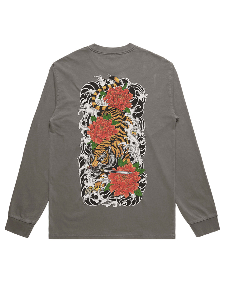 A long-sleeve crewneck t-shirt in faded dark gray, featuring a large, detailed Japanese tattoo-style graphic on the back. The graphic depicts a tiger surrounded by red peonies, green leaves, and white wave patterns.