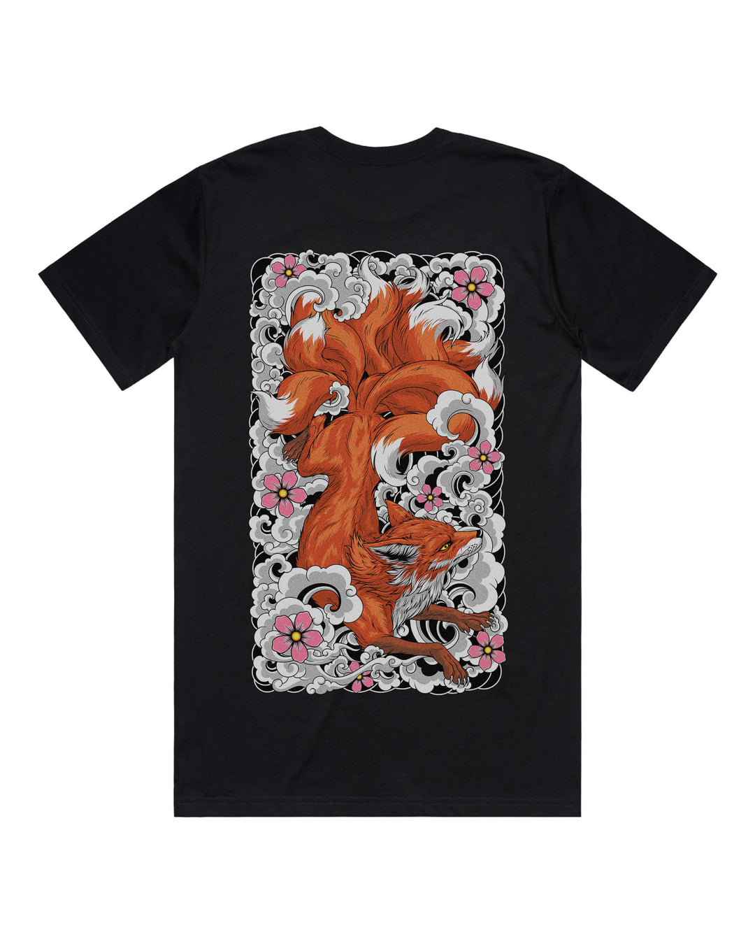 Black graphic t-shirt with large playful irezumi inspired kitsune back print