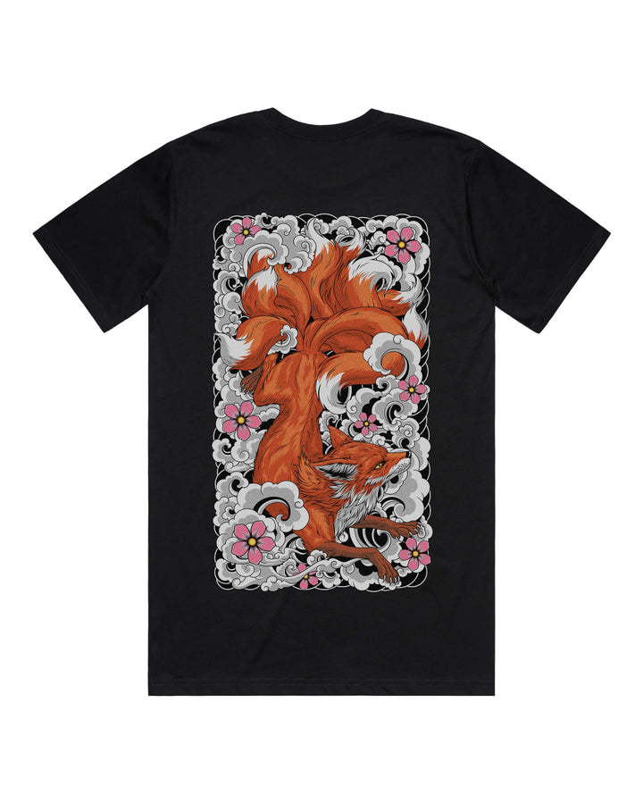 Black graphic t-shirt with large playful irezumi inspired kitsune back print