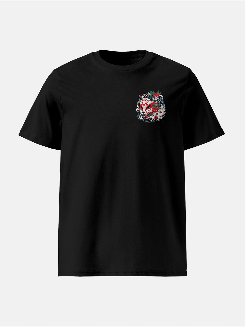 Black t-shirt with left chest graphic of a geisha holding a red kitsune mask surrounded by waves and blossoms.