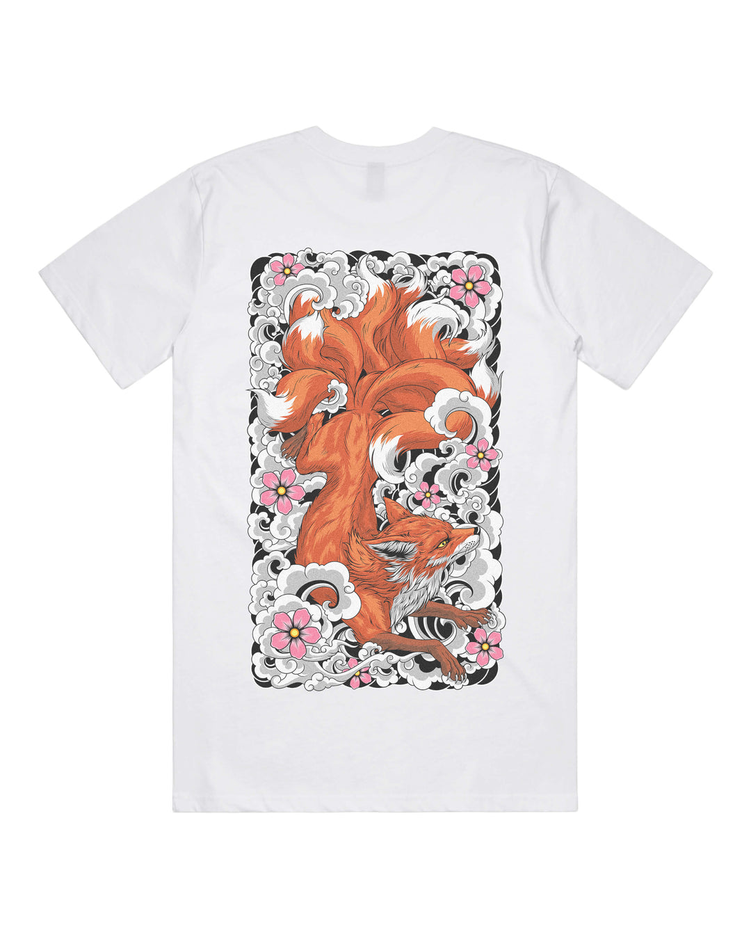 White graphic t-shirt with large playful irezumi inspired kitsune back print