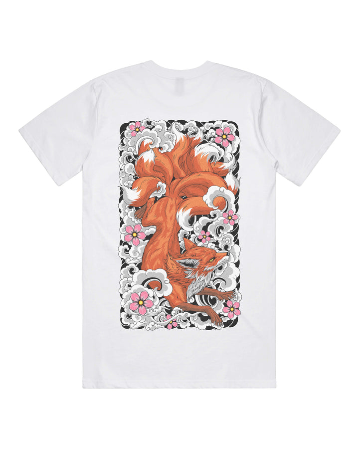 White graphic t-shirt with large playful irezumi inspired kitsune back print