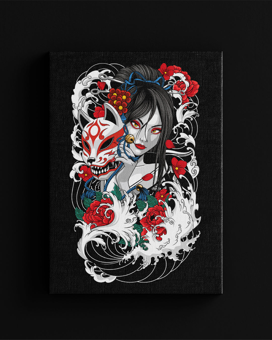 irezumi inspired gesiha and fox mask canvas wall art