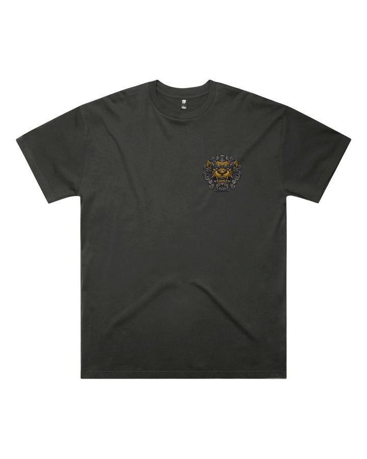 Front view of Komainu oversized T-shirt in Coal showing left-chest print