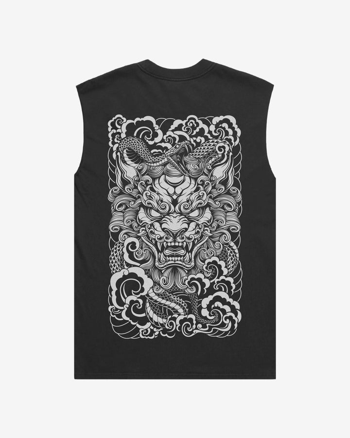 Komainus Bite Faded Oversized Graphic Tank Top With Large Tattoo Inspired Graphic Print