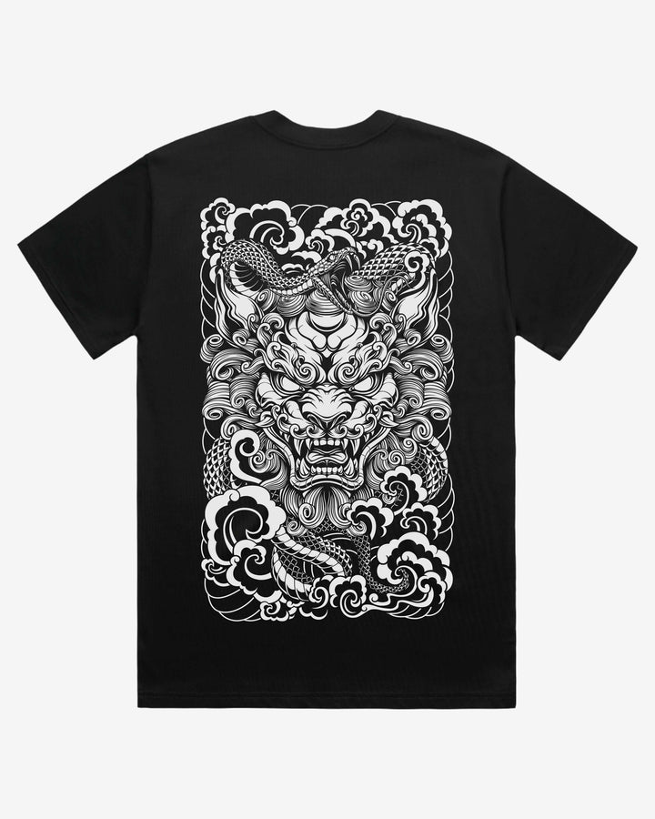 Black t-shirt with a white komainu and snake design on a white background