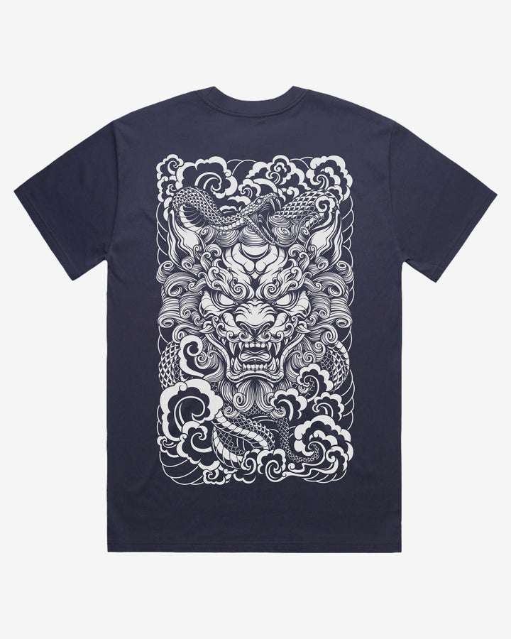 midnight blue t-shirt with a white komainu and snake design on a white background