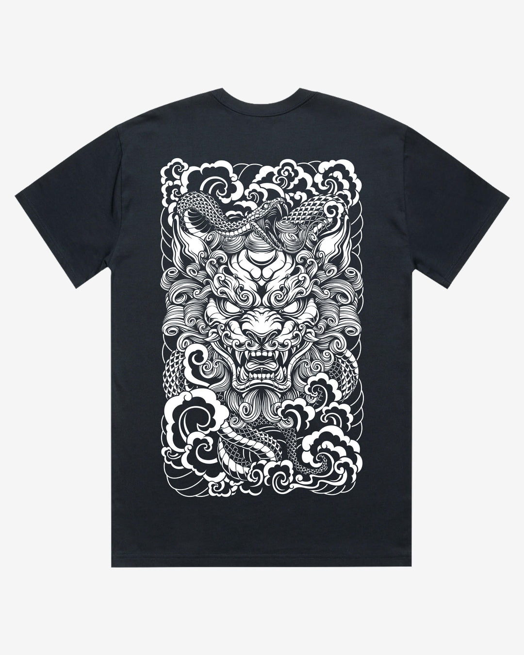 navy blue t-shirt with a white komainu and snake design on a white background