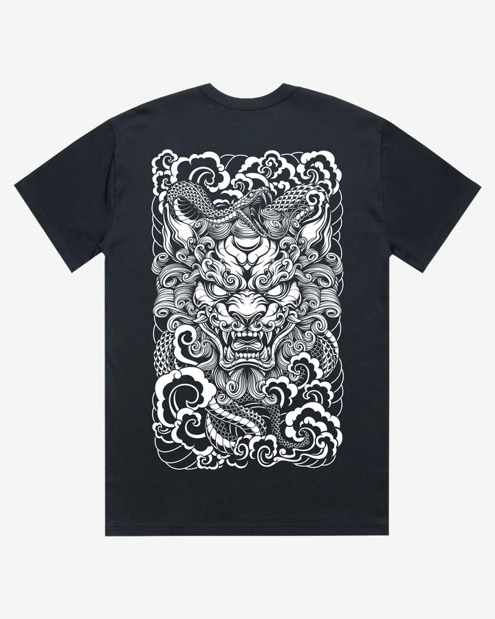 navy blue t-shirt with a white komainu and snake design on a white background