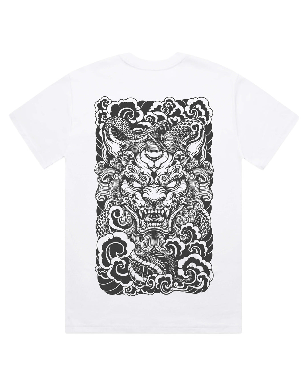 white t-shirt with a white komainu and snake design on a white background