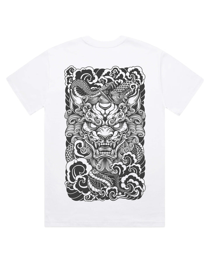 white t-shirt with a white komainu and snake design on a white background