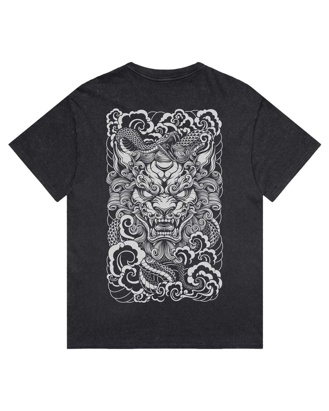 A black stonewash short-sleeve t-shirt with a large white graphic print of a japanese lion surrounded by a snake and waves.