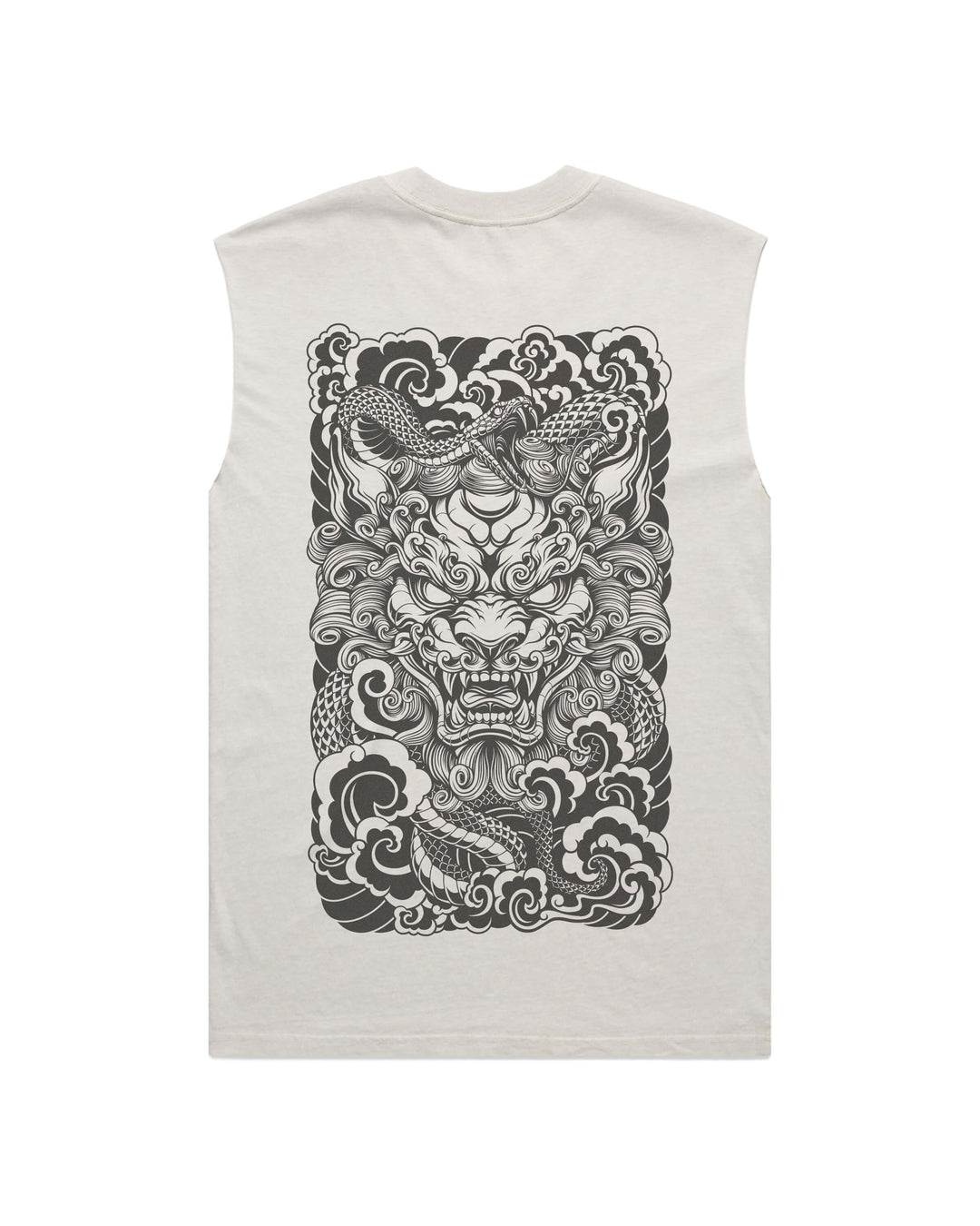 Guardian lion men’s faded bone graphic tank top features original in-house artwork inspired by irezumi influence. The design combines komainu lion, snake and waves, drawing from Japanese tattoo art, folklore and traditional illustration.