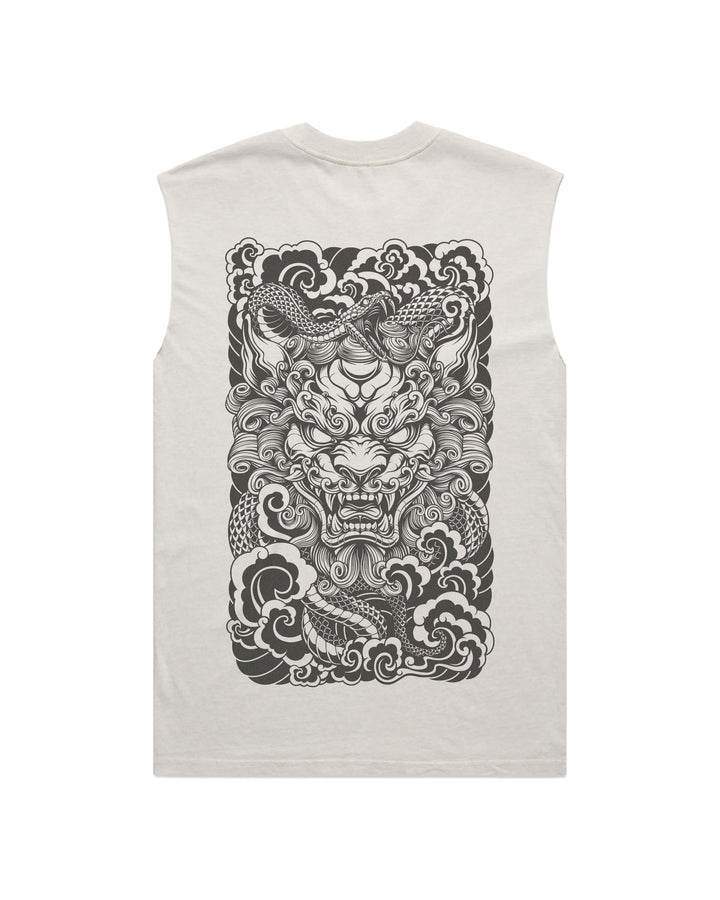 Guardian lion men’s faded bone graphic tank top features original in-house artwork inspired by irezumi influence. The design combines komainu lion, snake and waves, drawing from Japanese tattoo art, folklore and traditional illustration.