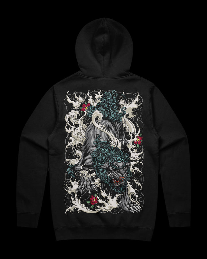 black hoodie with komainu back print